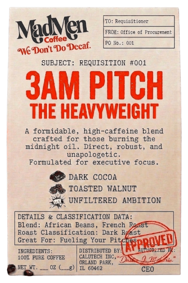 3AM Pitch Dark French Roast coffee bag label styled as a 1960s classified memorandum