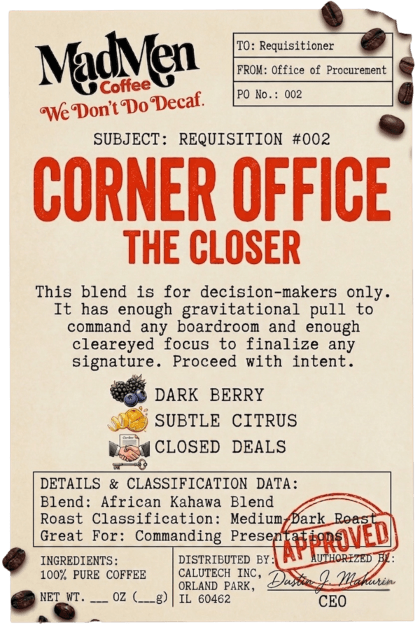 MadMen Coffee Corner Office Medium-Dark Roast Master Label The Corner Office African Blend medium-dark roast coffee label with distressed vintage agency typography