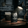 Premium bag of MadMen Coffee whole bean roast sitting on a rustic wooden desk