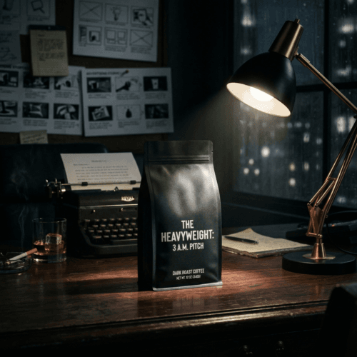 Premium bag of MadMen Coffee whole bean roast sitting on a rustic wooden desk