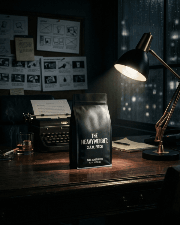 Premium bag of MadMen Coffee whole bean roast sitting on a rustic wooden desk