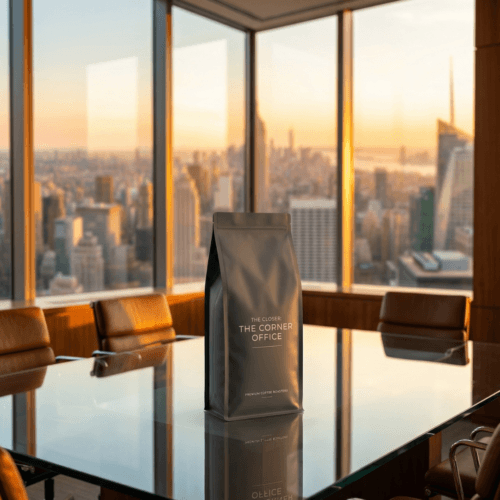 Premium bag of MadMen Coffee whole bean roast sitting on a glass conference table