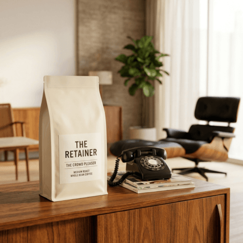 Premium bag of MadMen Coffee whole bean roast sitting on a rustic wooden desk
