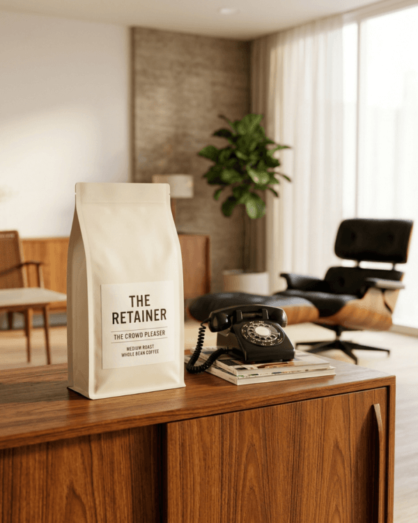 Premium bag of MadMen Coffee whole bean roast sitting on a rustic wooden desk